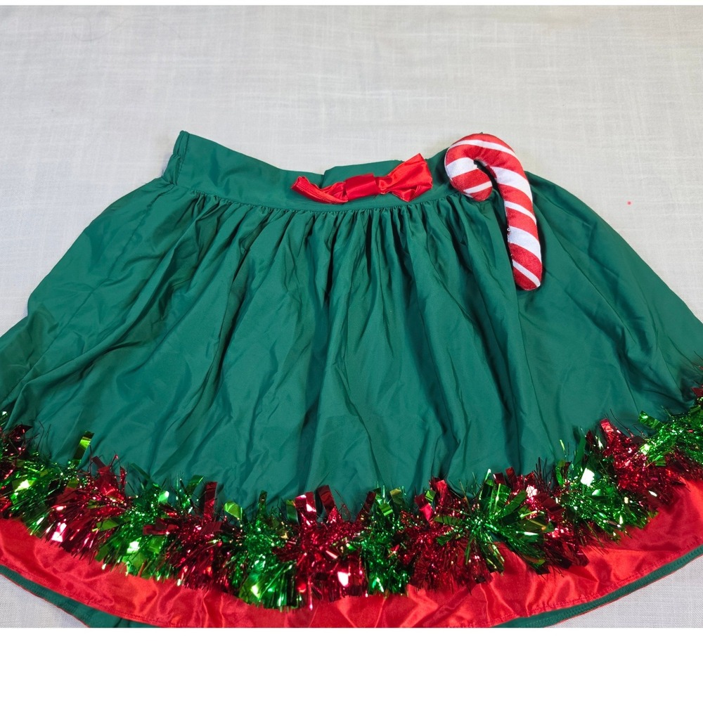 Green Christmas Tinsel Skirt with Plush Candy Cane and Red Bow Medium